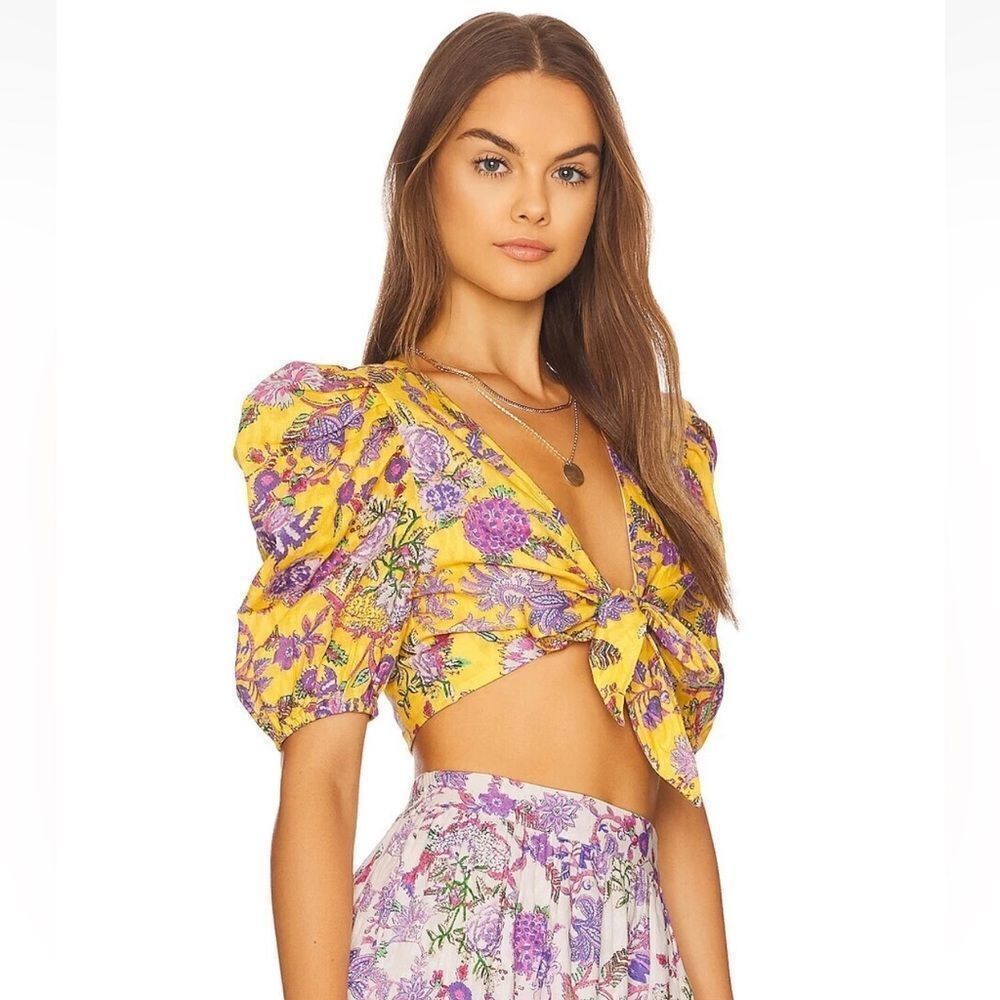 NWT HEMANT and NANDITA Dhea Crop Top Tie-Front Canary Yellow Boho Floral Medium - Picture 2 of 12